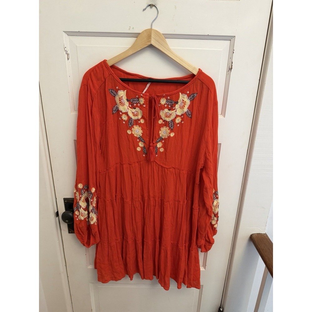 Free People Spell On You Poppy Red Floral Embroidered Peasant Dress Boho S $148 - Picture 4 of 8